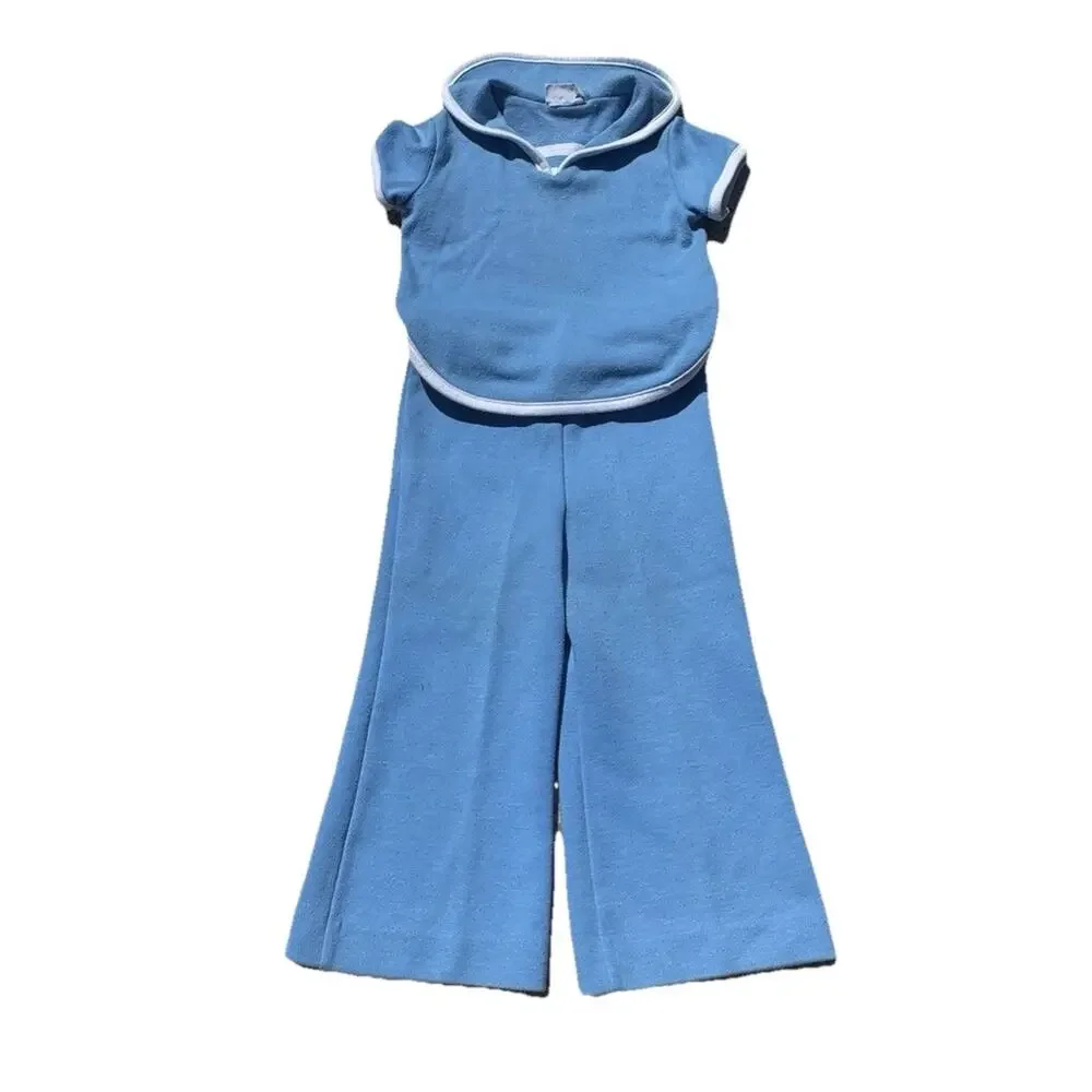 Vintage 1970s AILEEN Two Piece Outfit Blue Nautical Bell Bottom Pants Sz 3